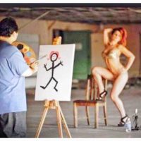 Website photo: Artist painting stick man figure of gorgeous woman